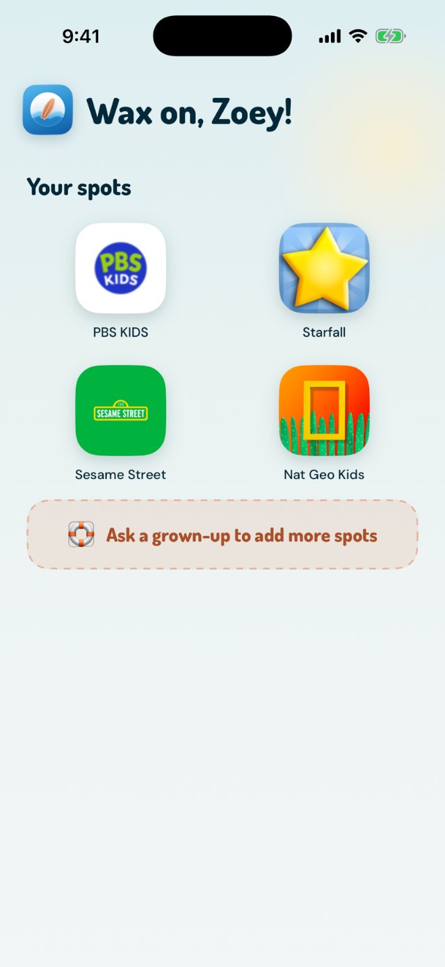 Shaka Surf Home screen for a Pip: greeting, Your spots tiles, no address bar