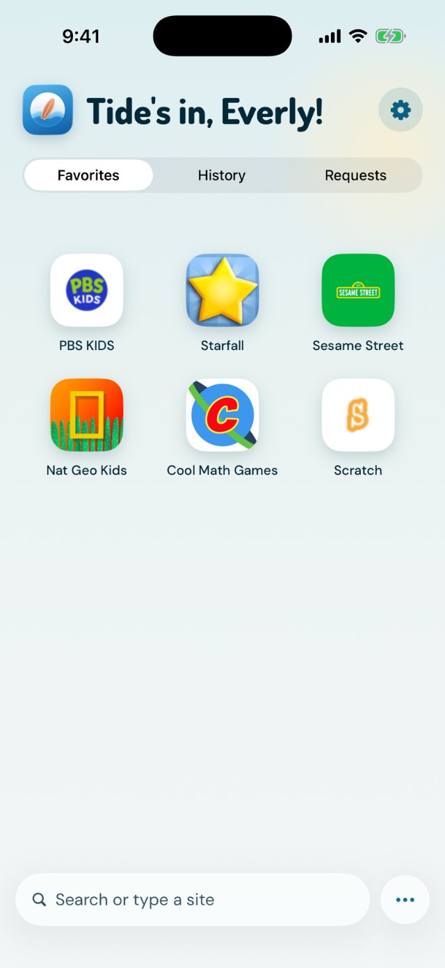 Shaka Surf Home screen for a Squid: Favorites, History and Requests tabs plus a search bar