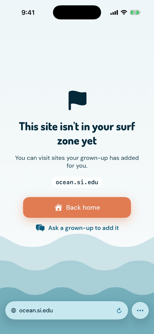Shaka Surf Squid block screen: This site isn't in your surf zone yet, Ask a grown-up to add it